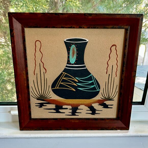 Vintage Navajo Framed Sand Art Painting of Beautiful Pottery - Picture 8 of 16